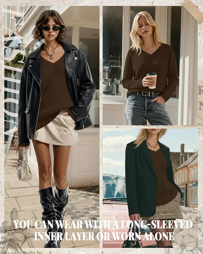 Women's V Neck Sweater Long Sleeve Knit Oversized Shirt Loose Lightweight Fall Casual Pullover Sweater Top
