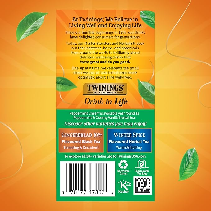 Twinings Peppermint Cheer Herbal Tea Individually Wrapped Bags, 20 Count (Pack of 2), Peppermint & Vanilla, Naturally Caffeine-Free, Enjoy Hot or Iced, 20 Teabags