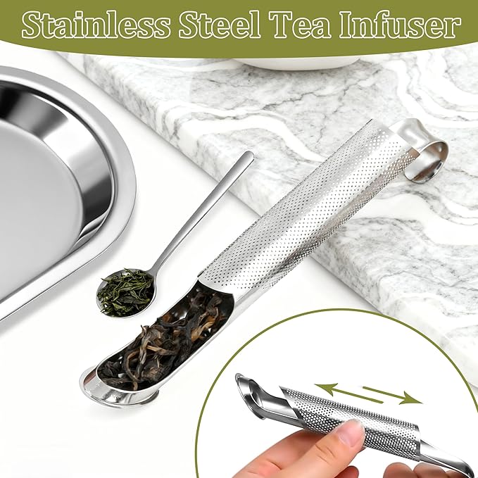 Stainless Steel Tea Infuser for Loose Leaf Tea – Reusable Tea Strainer with Long Handle, Cleaning Brush Drip Tray & Mini Spoon – Perfect for Single Cup Brewing at Home, Office, or Travel