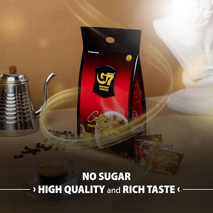 TRUNG NGUYEN G7 PURE BLACK Instant Coffee for Energy Boost - 100% Soluble Coffee Without Sugar - Strong, Pure & Rich Vietnamese Instant Energy - Original Taste for Connoiseurs (100 Sachets/Bag)