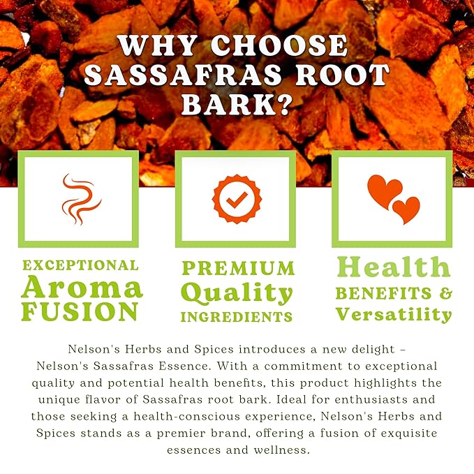 Nelson’s Tea - Sassafras Root Bark Cut & Sifted - Caffeine Free - Classic Root Beer Herbal Blend Tea, Premium Sassafras Albidum Aroma for Brewing, Mixing & Wellness, Freshly Packed Resealable Bag -1oz