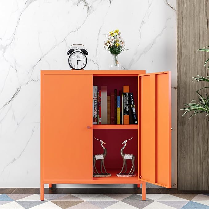 Small 2 Transparent Door Metal Storage Side Buffet Cabinet for Bed Room,Living Room,Entryway,Hallway,Home,Hotel,Office,Garage,Kitchen,1 Removable Shelf. (Metal Door, Orange)