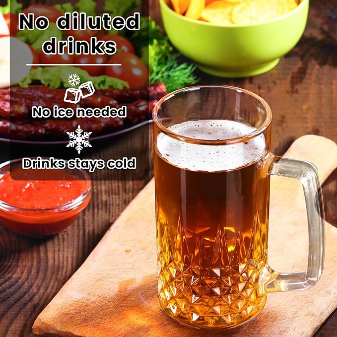 Beer Mugs For Freezer, 20 oz Large Heavy Glass Mugs with Handles Set of 4, Clear Large Beer Steins for Tea, Coffee, Lead-Free Glasses Oktoberfest Style, Best Gifts for Dad Husband or Friend
