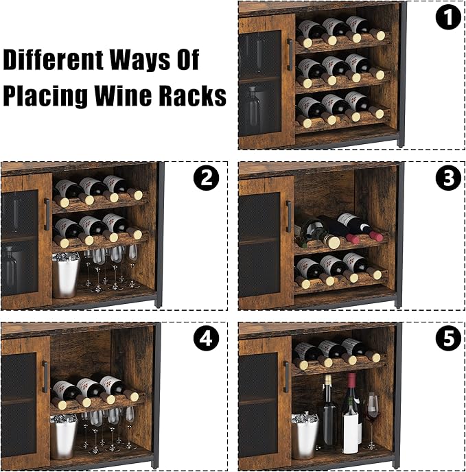 GarveeHome 3-Tier Wine Bar Cabinet with Detachable Wine Rack, Liquor Cabinet with Storage, Coffee Bar Cabinet with Glass Holder & Mesh Door, Sideboard Buffet Bar for Living Room, Dining Room, Brown