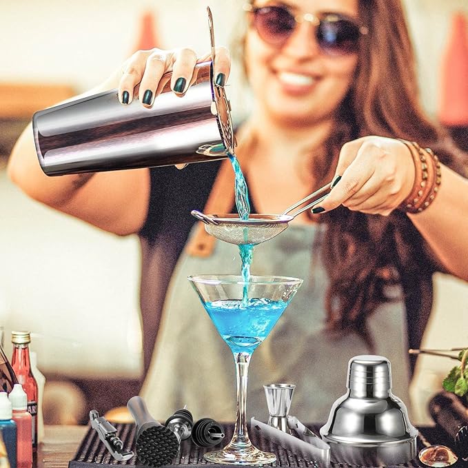Cocktail Shaker Set, Mixology Bartender Kit 10-Piece Bar Tools Set with Stylish Bamboo Stand, Bar kit: Martini Shaker Muddler Jigger with All Essential Accessory Tools Gifts for Men Dad