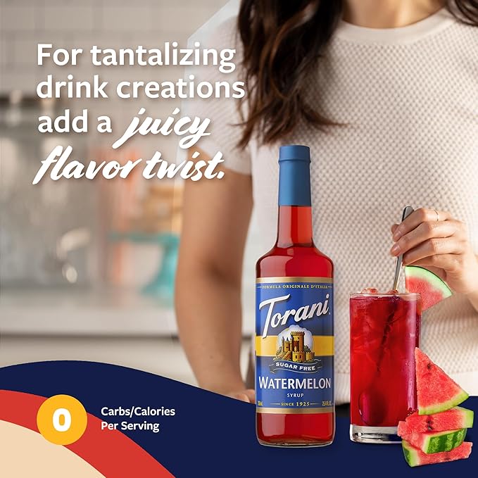 Torani Sugar Free Syrup, Watermelon Flavored Syrup for Drinks, Zero Calorie, Glass Bottle with Pump Included, 25.4 Fl Oz