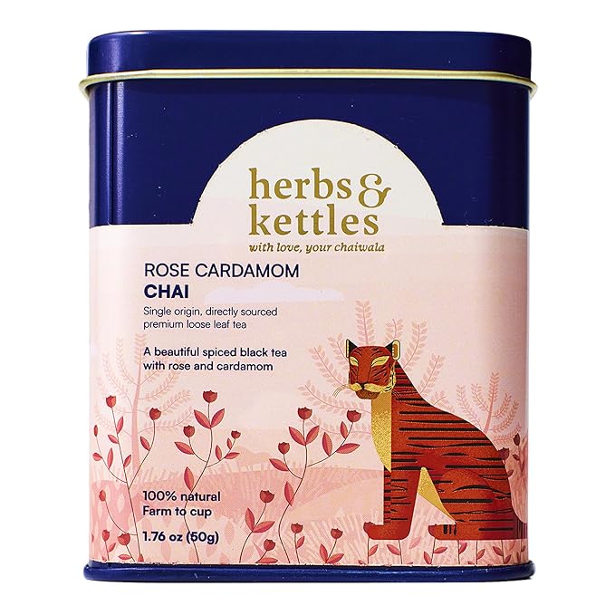Herbs & Kettles Rose Cardamom Chai | Assam Black Tea with Rose Petals, Green Cardamom, Ginger, Cinnamon & Cloves | Floral Loose Leaf Blend | Makes 10–14 Servings | Premium Gift for Tea Lovers