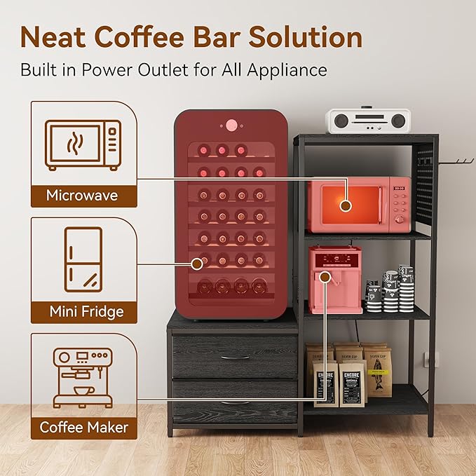 Mini Fridge Stand with Adjustable Shelf, Power Outlet & Storage, Kitchen Organizer for Microwave, Coffee Bar, Dorm, Office (Black)