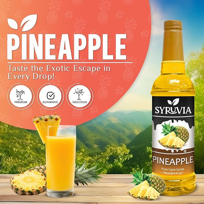 Syruvia Pineapple Syrup, Flavored Syrup for Drinks, Cocktails, Lemonades, Iced Teas, and Desserts – 25.4 fl oz
