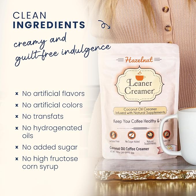 Leaner Creamer Coconut Creamer with Superfood Ingredients – Non-Dairy, Sugar-Free, Keto, Gluten-Free Powdered Coffee Creamer – Hazelnut Flavor – 280g