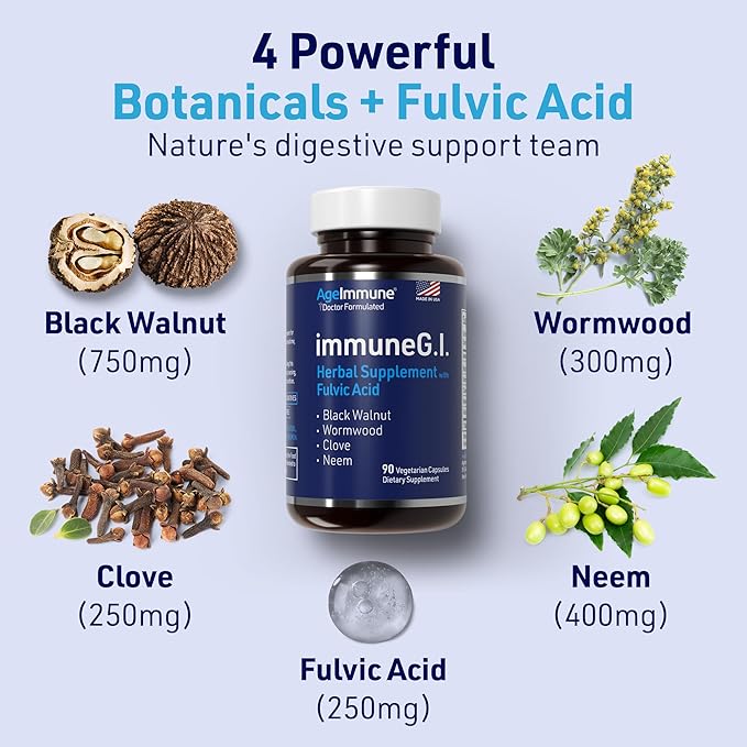 AgeImmune ImmuneG.I. Wormwood Black Walnut Clove Neem Fulvic Acid- Intestinal Cleanse Formula Doctor Formulated to Support Gut Health and Detox - No Stearates, No Dioxides – 90 Capsules