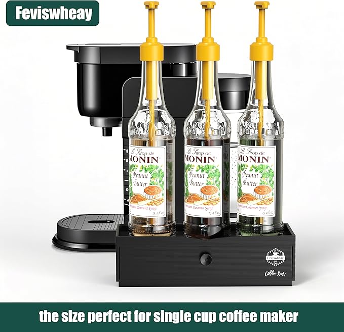 2-Tier Coffee Syrup Organizer Rack with Drawer, No Assembly Required, Compact Stand for Torani & Monin Bottles, Dirty Soda Bar Supplies, Space-Saving for Small Countertop