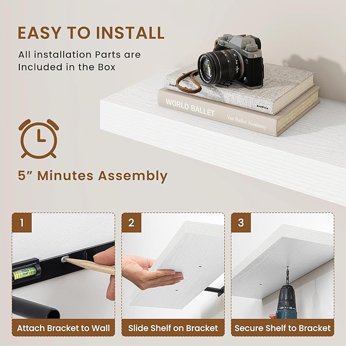 fuqing Floating Shelves for Wall, Wall Mounted Wood Floating Shelf with Invisible Brackets for Living Room, Bathroom, Bedroom, Kitchen Storage and Decor, 30 Inch Set of 2, White
