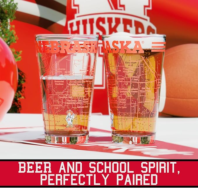 Greenline Goods – University of Nebraska Cornhuskers College Pint Beer Glasses (Set of 2), 16 oz – Full-Color Logo + Campus Map