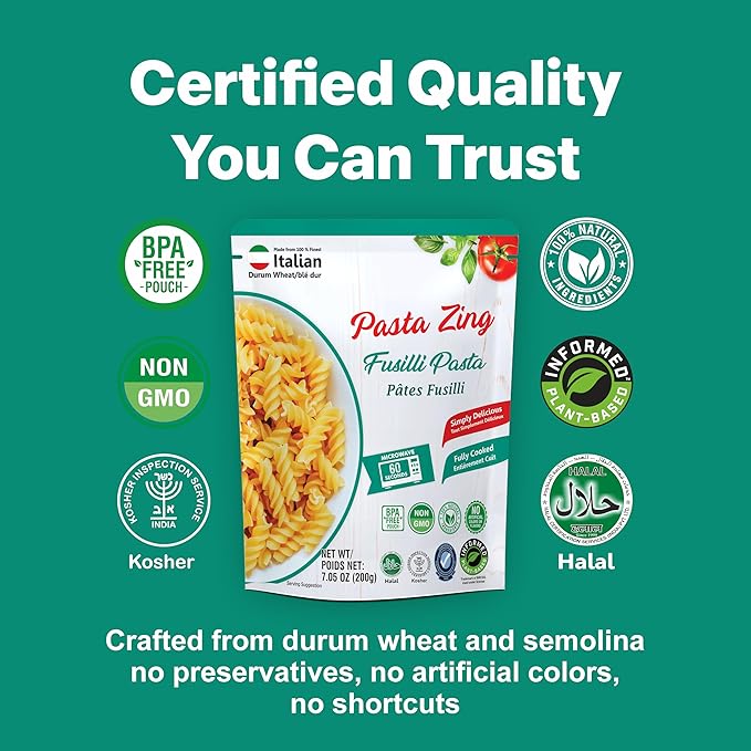 Pasta Zing Fusilli Pasta, Ready in 1 Minute, Perfect Al Dente Bite, 14g Protein & 4g Fiber, Naturally Cooked, Zero Sodium, Non-GMO, 7.05oz Pack of 7