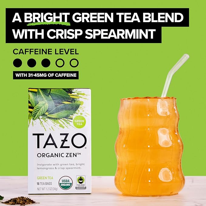 TAZO Organic Zen Green Tea Bags, Caffeine Free Tea with Refreshing Lemongrass & Spearmint, 96 Total Tea Bags (16ct - Pack of 6)