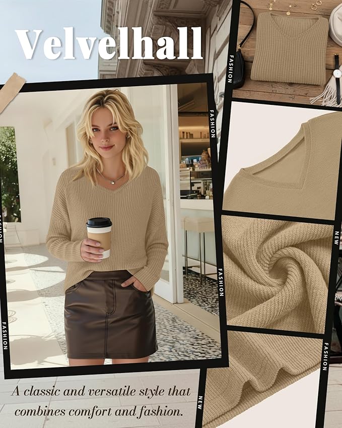 Women's V Neck Sweater Long Sleeve Knit Oversized Shirt Loose Lightweight Fall Casual Pullover Sweater Top