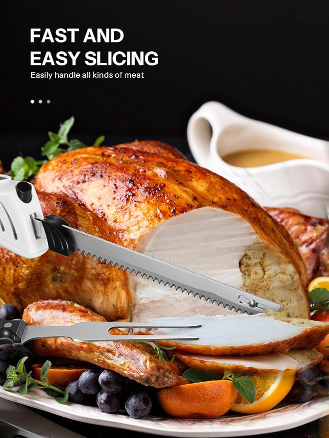Reemix Electric Knife, Z3042 Electric Knife Set for Carving Meats, Poultry, Bread, Crafting Foam & More, 2 Blades for Meats & Bread, Fork Included (White)