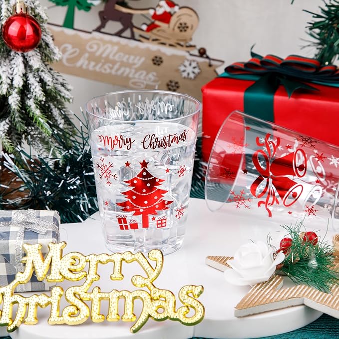 WELLIFE 60Pcs Red Christmas Plastic Cups, 10oz Merry christmas Cups, Red Plastic Tumblers with Christmas Tree and Bells Design, Disposable cups for Daily Use, Holiday Party Supplies