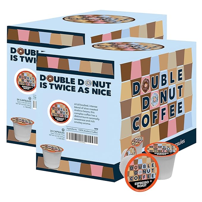 Double Donut Coffee Dark Roast Coffee Pods, Espresso Roast, Strong Coffee in Recyclable Single Serve Coffee Pods for Keurig Coffee Maker, 48 Count