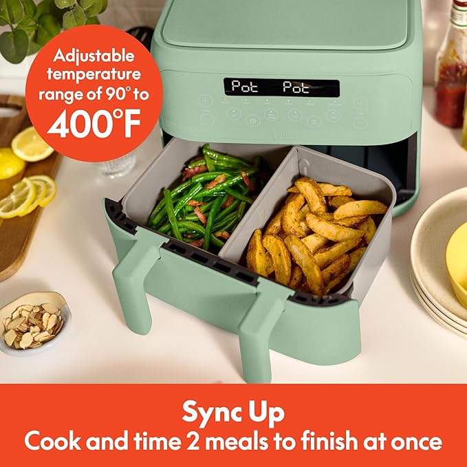 bella 4 Qt TriZone Air Fryer, EverGood™ Ceramic Nonstick Coating, Dual Basket Design w Removable Divider, Digital Touchscreen Control w 6 Preset Cooking Options, 1200 Watt, 3lb Capacity, Seaglass