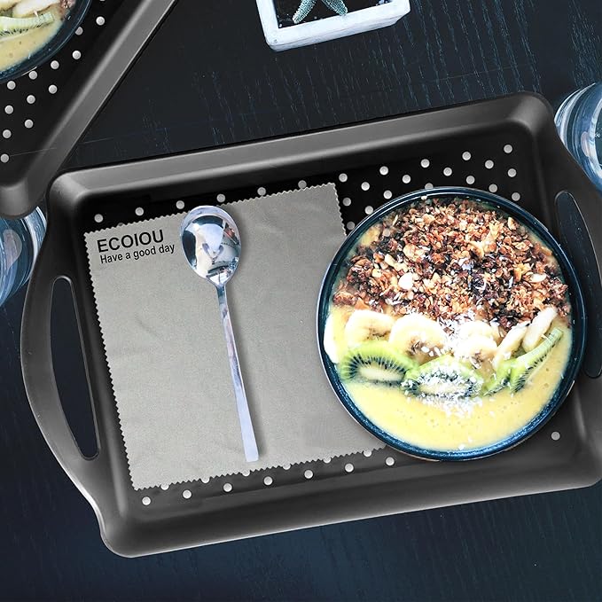 Non Slip Food Serving Tray with Handles, 2-Pack Rectangle Anti-Slip Non-Toxic Dishwasher Safe Tray for Snack Fruit Dessert Breakfast Drink,Black