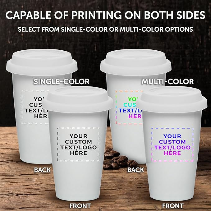 Personalized 11 oz. Double Wall Ceramic Tumblers with Lid - 12 Pack - Custom Text, Logo - White