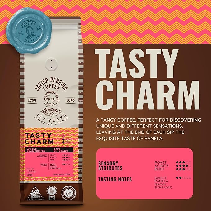 Javier Pereira Coffee - Tasty Charm Colombian Specialty Coffee – Medium Roast Whole Bean – 100% Arabica – Certified Café de Colombia – panela notes - 17.6 Oz