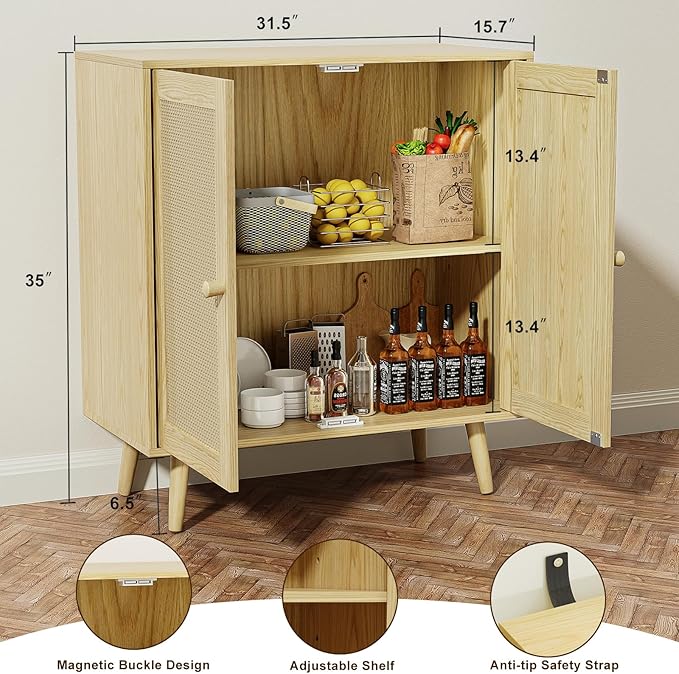 2 Door Rattan Storage Cabinet, Wood Kitchen Sideboard Buffet Console Table with Shelves for Living Room, Hallway, Kitchen, Oak