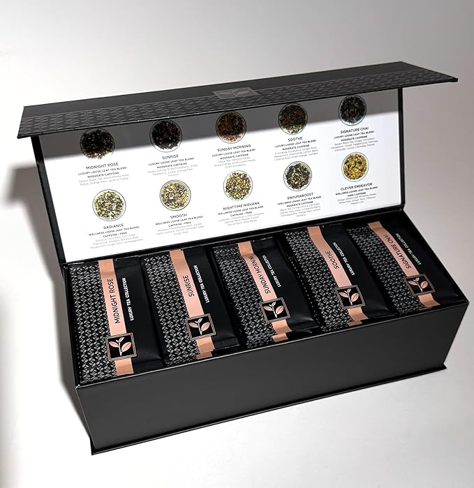 Pure And Easy Tea, Premium Loose Leaf Tea Sampler Set, 30-Count Variety Pack of Herbal and Caffeinated Blends, Luxury and Wellness Teas in a Designer Gift Box (150g)