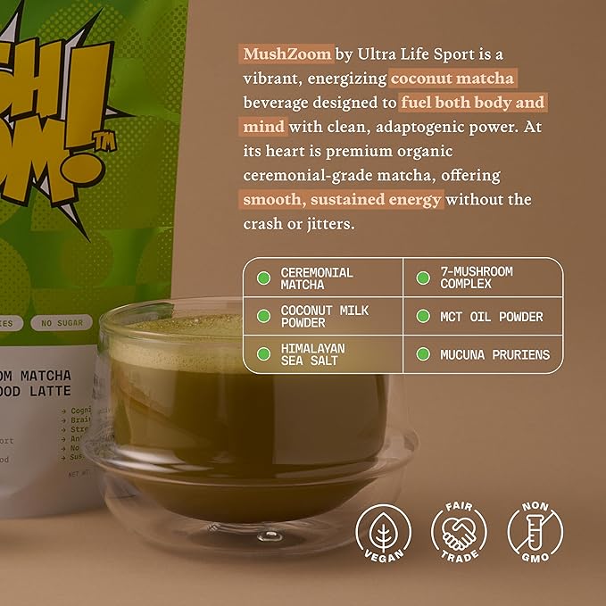 Ultra Life Sport - Mush Zoom - Energizing Coconut Matcha Focus & Vitality Blend - 30 Servings, Organic Mushroom Powder Drink - 7 Mushrooms Supplement Complex - Coconut Matcha Flavor, 100% Vegan