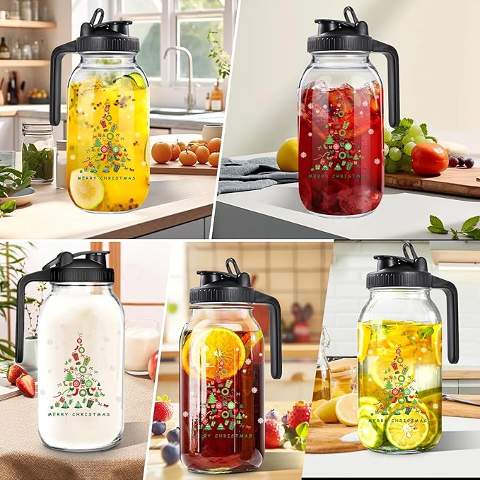 Breast Milk Pitcher Glass Pitcher with Lid, 64 oz 2 Quart Mason Jar Pitchers with Lid and Spout, Wide Mouth Glass Jug Sun Tea Pitchers, Cold Brew Coffee pitcher, Fridge Container for Water-Christmas