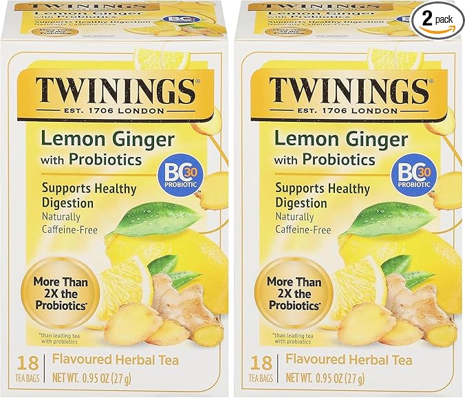 Twinings Superblends Probiotics+ Lemon & Ginger Flavoured Herbal Tea with Turmeric, Caffeine-Free, 18 Count (Pack of 2), Enjoy Hot or Iced, 18 Teabags