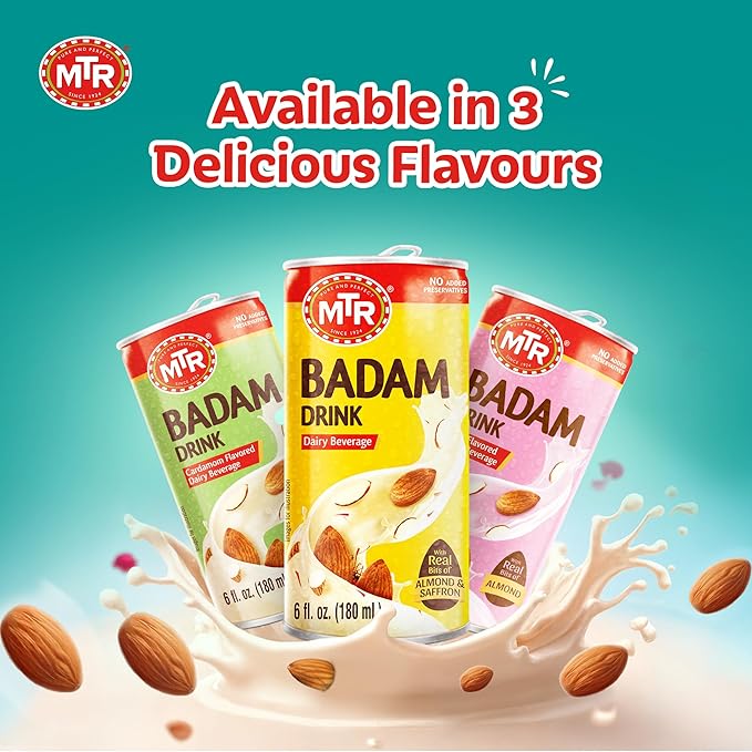 MTR Badam Drink, Ready-to-Drink - Authentic Indian Almond Milk Beverage, Real Bits of Almond & Saffron, No Added Preservatives, No Added Artificial Flavors & Colors, Gluten-Free, Refreshing Drink, Perfect for Anytime Refreshment, Pack of 12