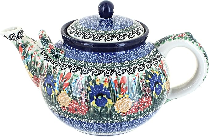 Blue Rose Polish Pottery - Blue Summer Blooms Large Teapot - 7 Cup Capacity - Hand-Painted Polish Pottery Ceramic Coffee & Tea Server