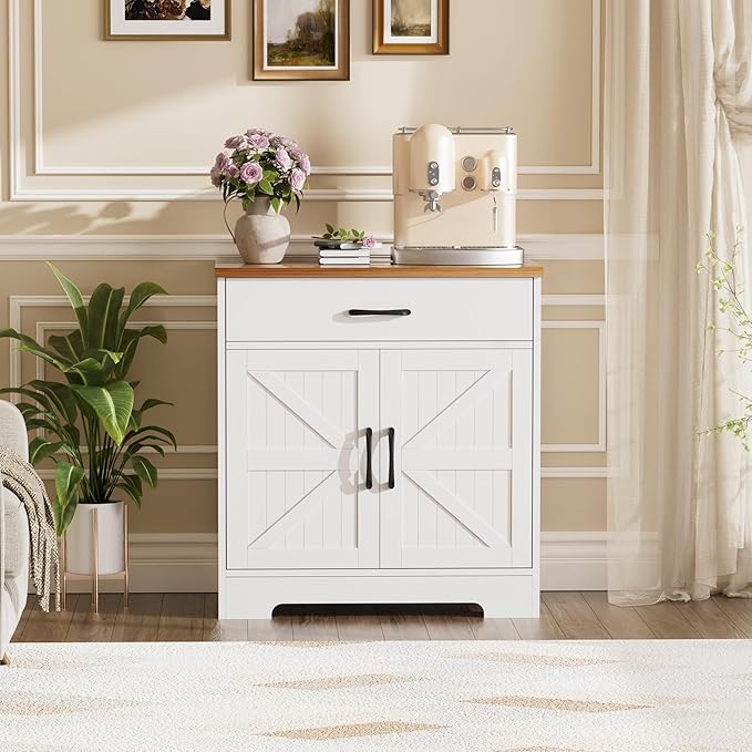 Onelike Modern Sideboard Buffet Cabinet with Storage, Farmhouse Kitchen Cabinet Buffet Table with Doors and Drawers, for Dining Room, White, 30"