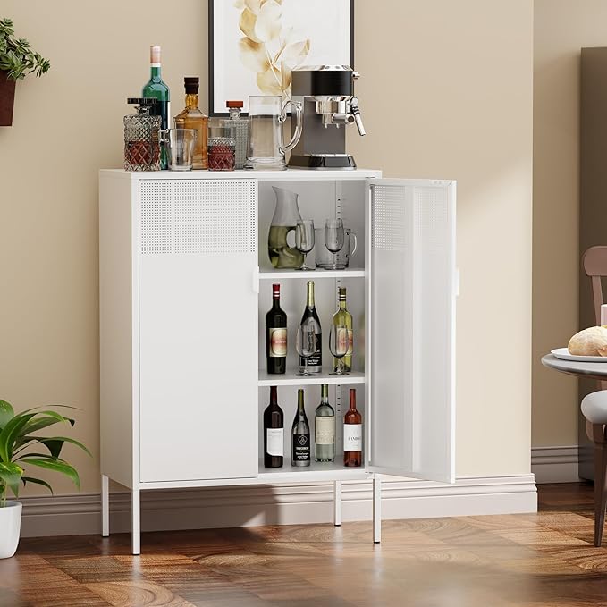 Metal Storage Cabinet,Kitchen Pantry Storage Cabinets with Doors,Buffet Cabinet with 2 Adjustable Shelves,White Pantry Cabinets,Steel Sideboard for Home,Shoes,Office,Dining Room