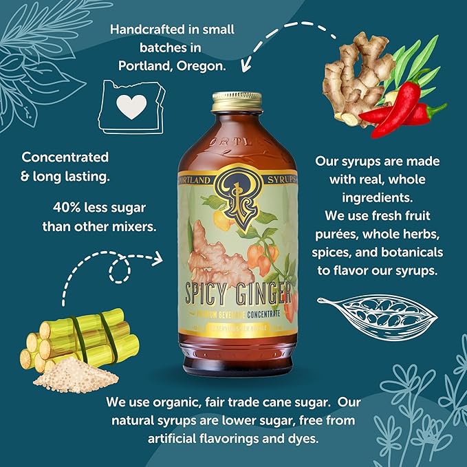 Portland Syrups Spicy Ginger Syrup - Extra Spicy Heat and Fresh Ginger Flavor - Premium Beverage Concentrate for Cocktails, Mocktails, Tea, and More - 12 oz with 12 Servings (Pack of 1)