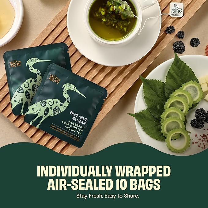 Tea Facto Bye Bye Sugar* Bitter Melon & Mulberry Tea Bags for Natural Sugar Spike Balance - TCM Wellness Tea - Natural Fibers, Zero Added Sugar, Uncaffeinated - 10 Count