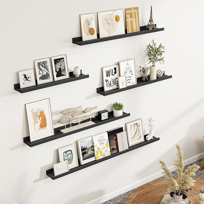 Fun Memories Picture Ledge Shelf, Black Floating Shelves Set of 4, 32 Inch Picture Shelves for Wall with Ledge, Large Nursery Book Shelf for Toys Storage, Living Room, Bedroom Decor Frames