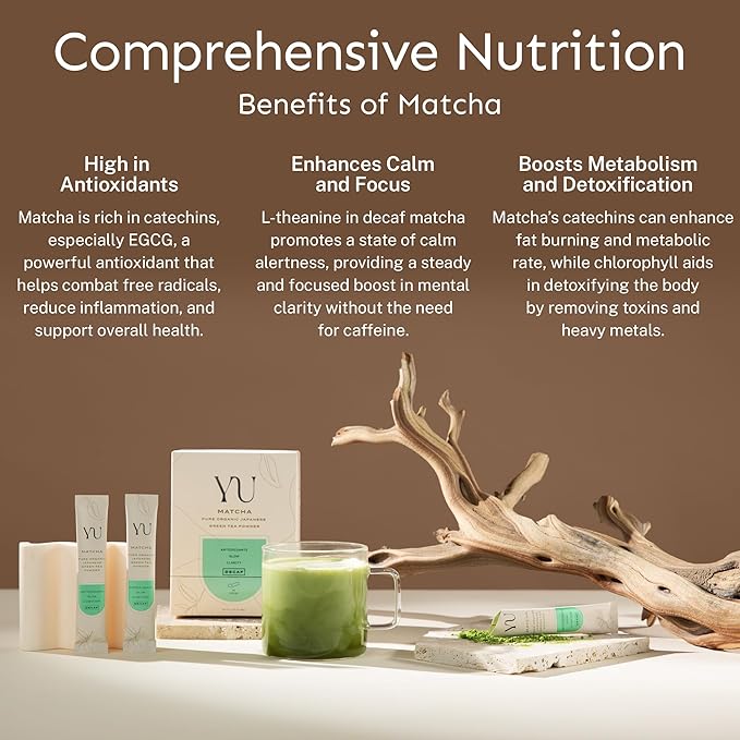 Yu Tea Organic Decaf Matcha Powder Ceremonial Grade, 30 Instant Packets | Rich in Antioxidants & L-Theanine, Low Caffeine | Unsweetened Grade A Japanese Green Tea Powder | Single Serve Sticks