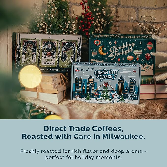 Stone Creek Coffee Cream City Cheer Box Dark, Medium and Light Roast, (8 Oz, Pack of 3) – Whole Bean Coffee Sampler, Holiday Limited-Edition Gift Set, Bright, Smooth and Bold Fresh Roasted Coffee Beans