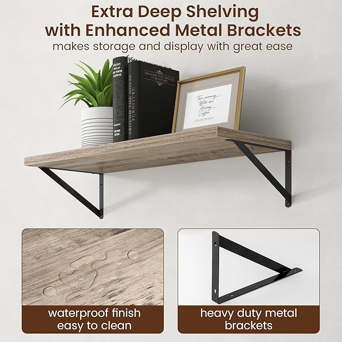 Axeman Deep Floating Shelves - 30 Inch Floating Shelves Set of 2-12 Inch Deep Grey Wood Wall Shelves for Living Room Bathroom Kitchen