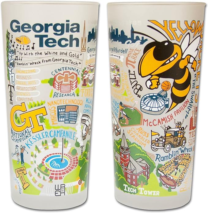 Catstudio Drinking Glass, Georgia Tech Glass Cup for Kitchen, 15oz Dishwasher Safe Tumbler for GT Alumni