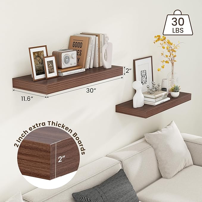 30 Inch Floating Shelves | 12 Inch Deep Walnut Floating Shelves Set of 2 | 30" W x 12" D Rustic Wood Shelves for Wall | Deep Walnut Shelves for Living Room Bathroom Laundry Room Kitchen