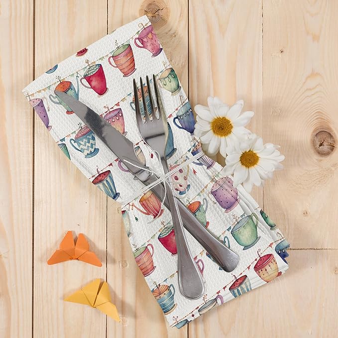 Colorful Teacups Kitchen Dish Towels, Tea Lovers Gifts for Women Girls, Tea Time Watercolor Coffee Mugs Cups Hand Towels Kitchen Tea Towels Decorations, 16x24inch