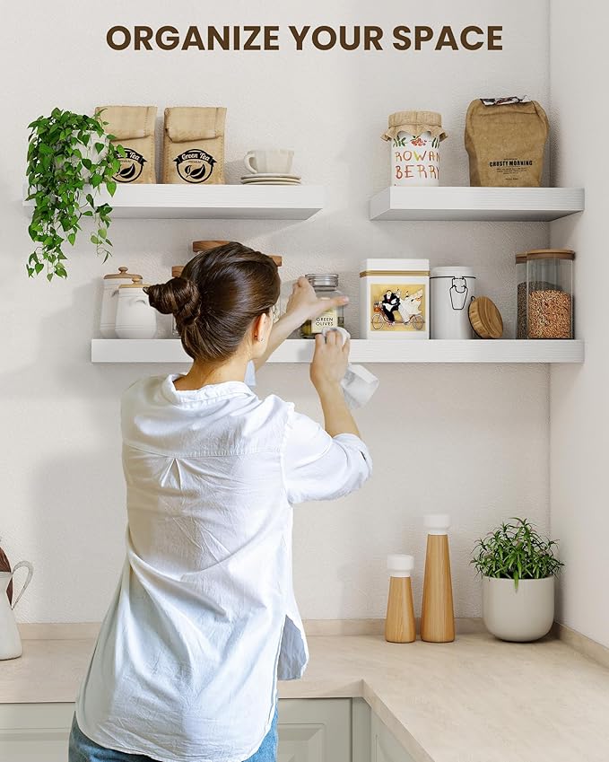 Marsmiles 32" Floating Shelves for Wall, Wooden Shelves with Invisible Brackets Set of 2, Rustic Farmhouse Wall Mounted Shelf for Kitchen Bathroom Living Room Study, White