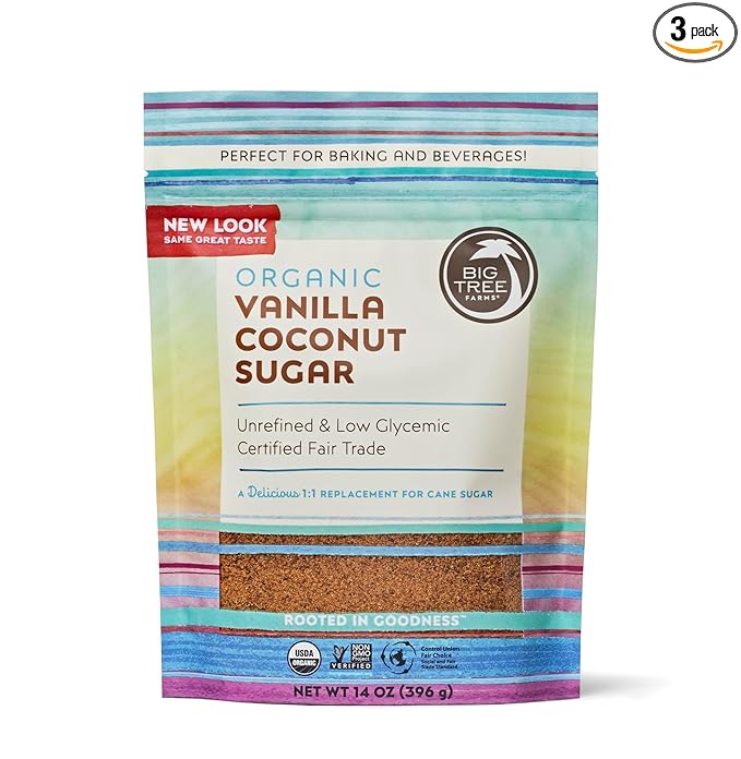 Big Tree Farms Organic Vanilla Coconut Sugar - Coconut Palm Sugar, Unrefined, Fine Crystals, Cane Sugar Replacement, Coconut Blossom Nectar, Vegan, Perfect for Baking - 14 Oz (Pack of 3)