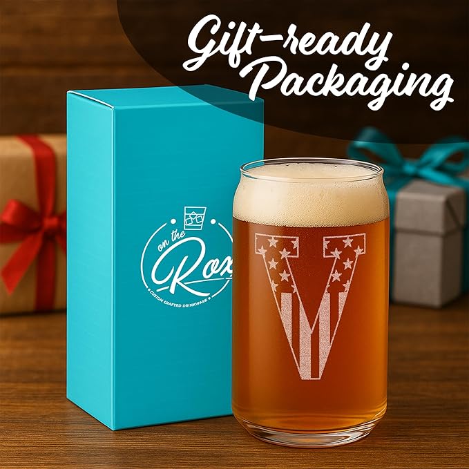 Monogram Beer Glasses for Men (A-Z) 16 oz - Beer Gifts for Men Brother Son Dad Neighbor - Unique Christmas Gifts for Him - Personalized Drinking Gift Beer Glass Mugs - Engraved Beer Can Glass (V)