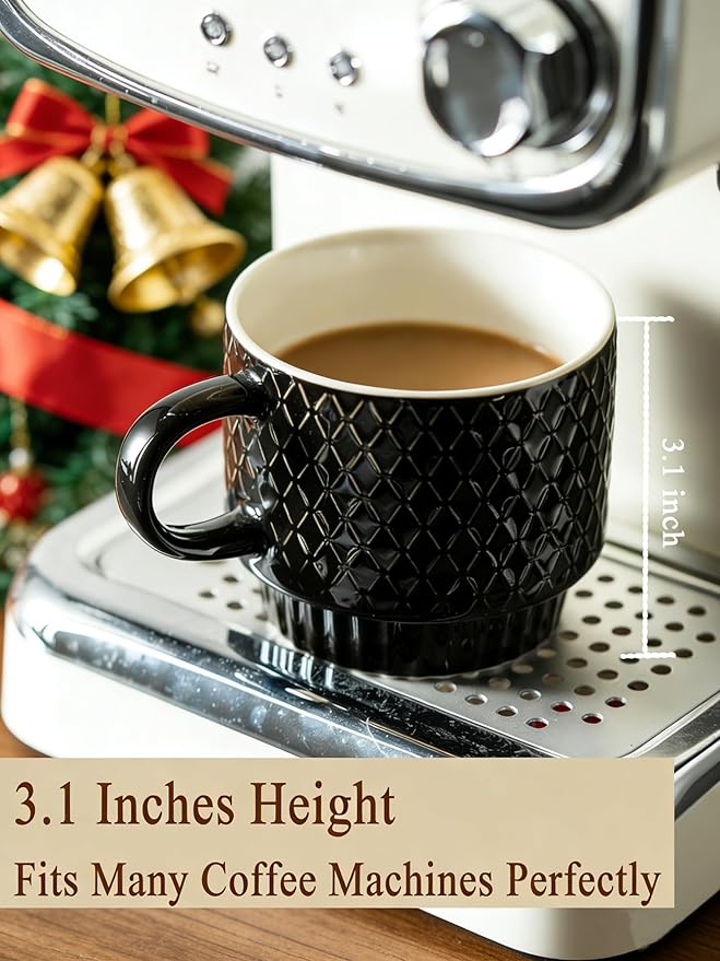 Gomakren Coffee Mugs Set of 4, 13 Ounce Stackable Coffee Mug Set with Stand, Christmas Stoneware Coffee Cup with Spoon for Coffee, Milk, Tea, Cocoa, Black